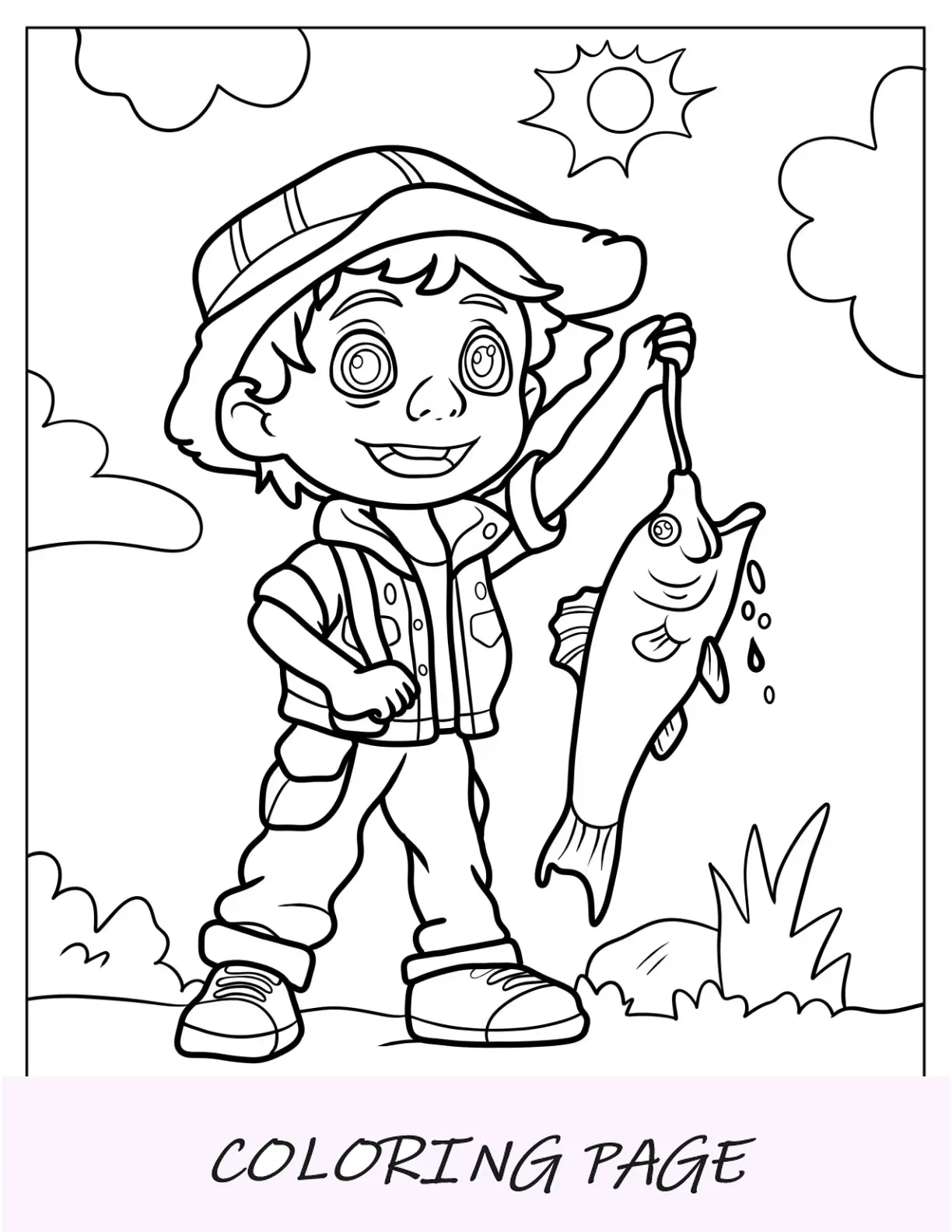 Página para colorir de pesca de um menino segurando um peixe com um anzol para crianças em idade pré-escolar