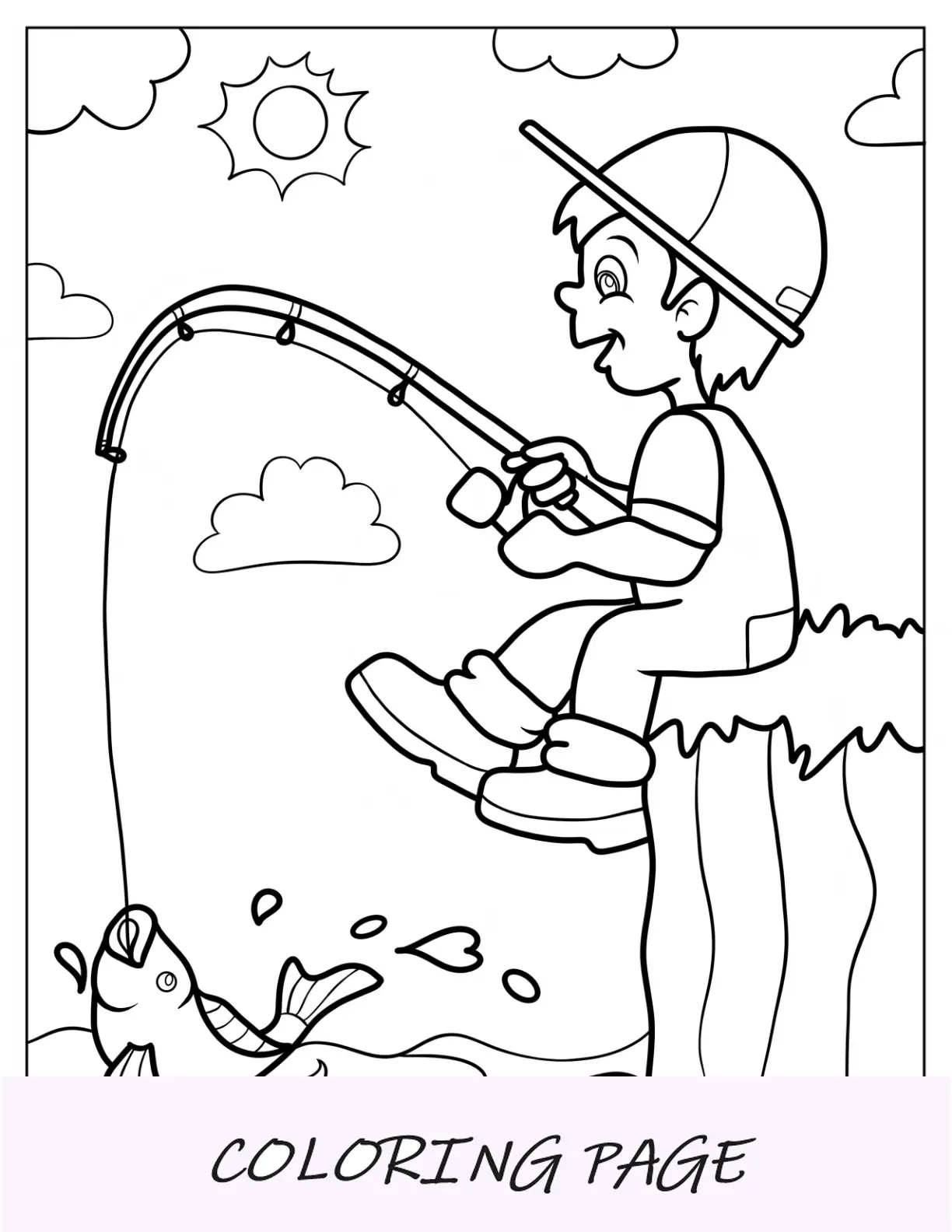 Desenho para colorir de pesca de menino pescando em um penhasco para crianças