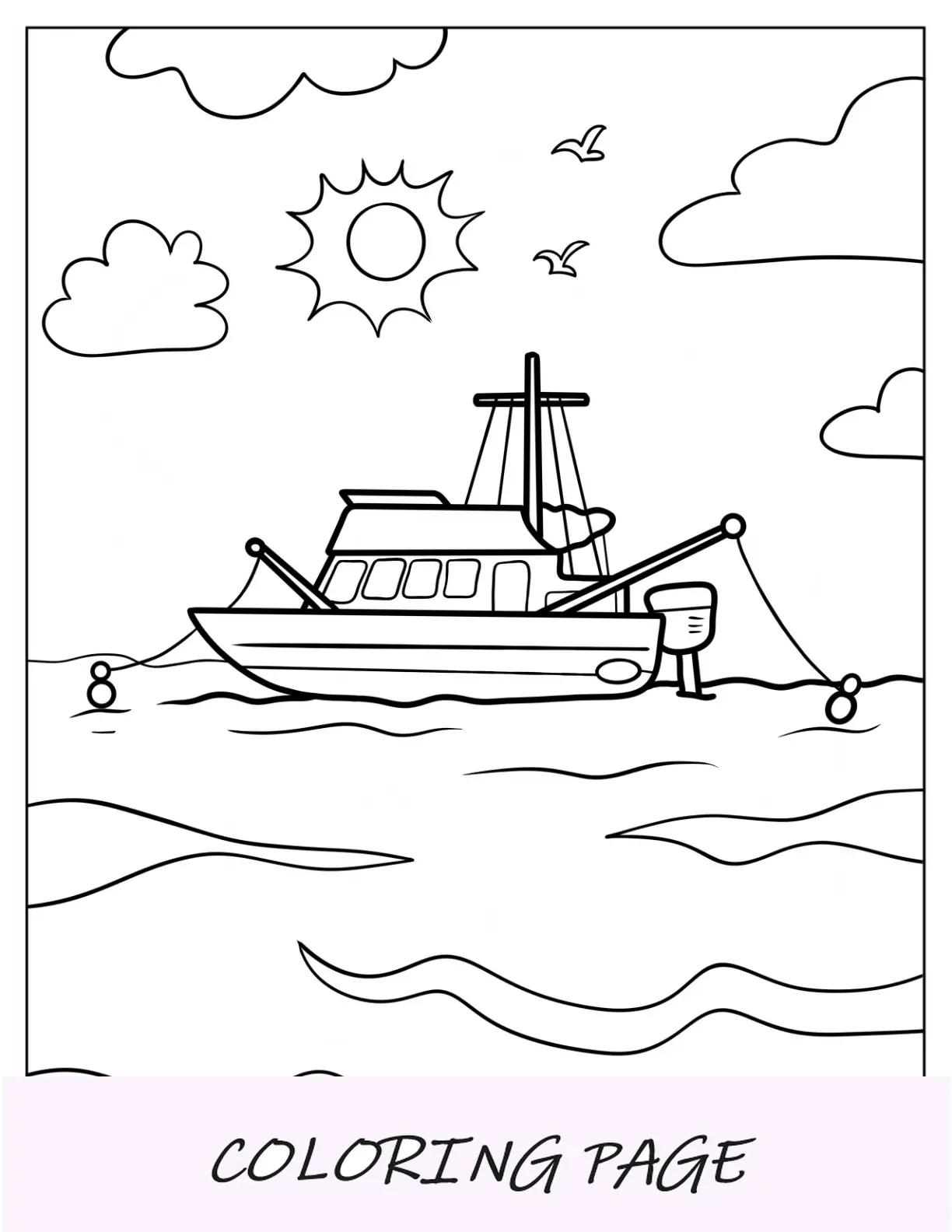 Grande página para colorir de pesca, barco no meio do mar