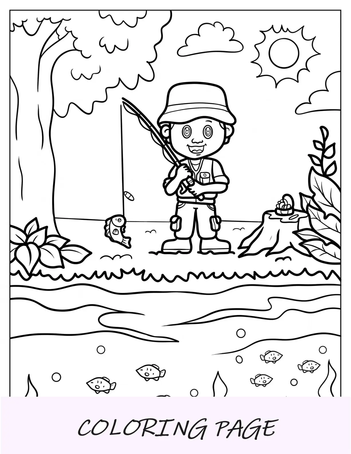 Página para colorir de pesca do homem Kawaii Chibi segurando uma vara de pescar na frente do rio