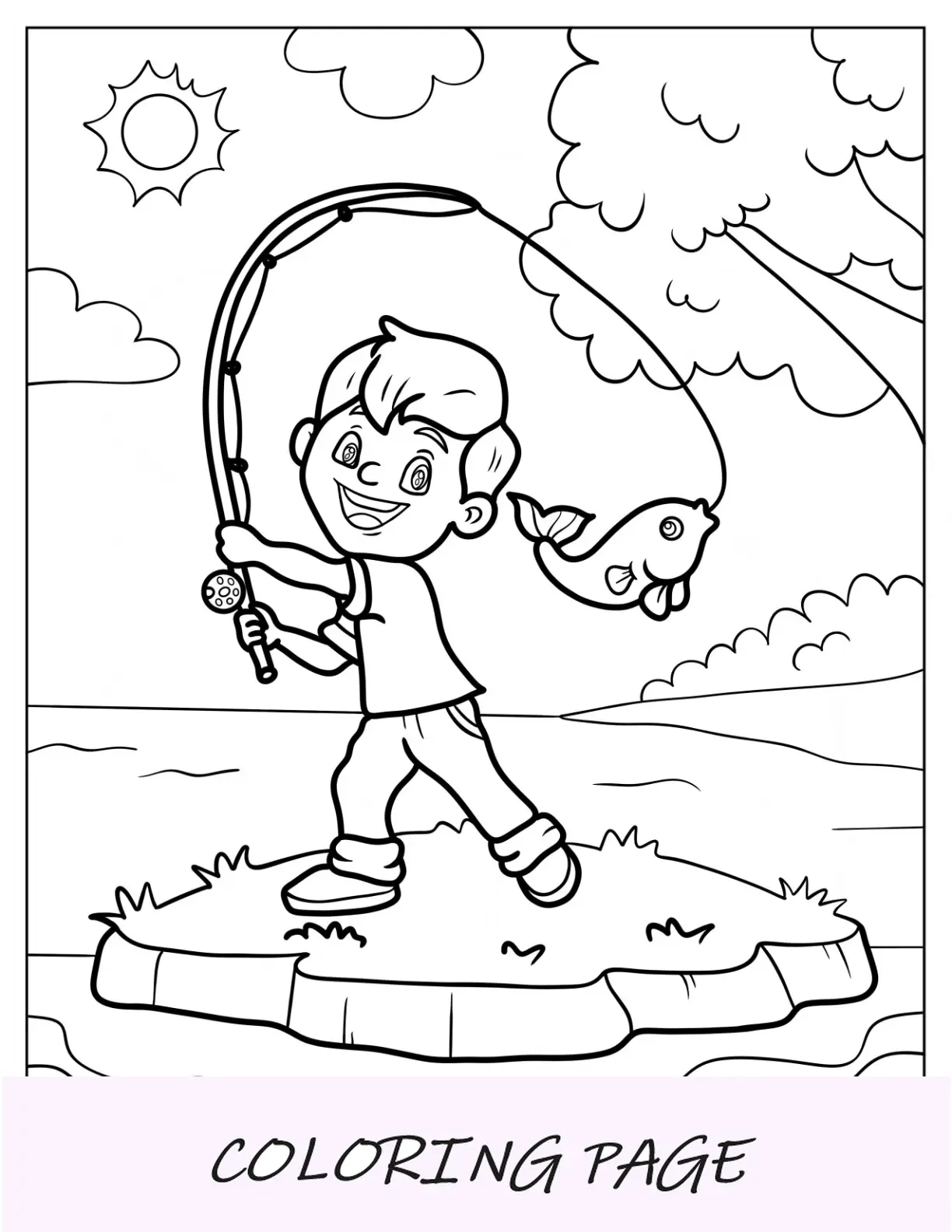 Página para colorir de pesca de garotinho feliz