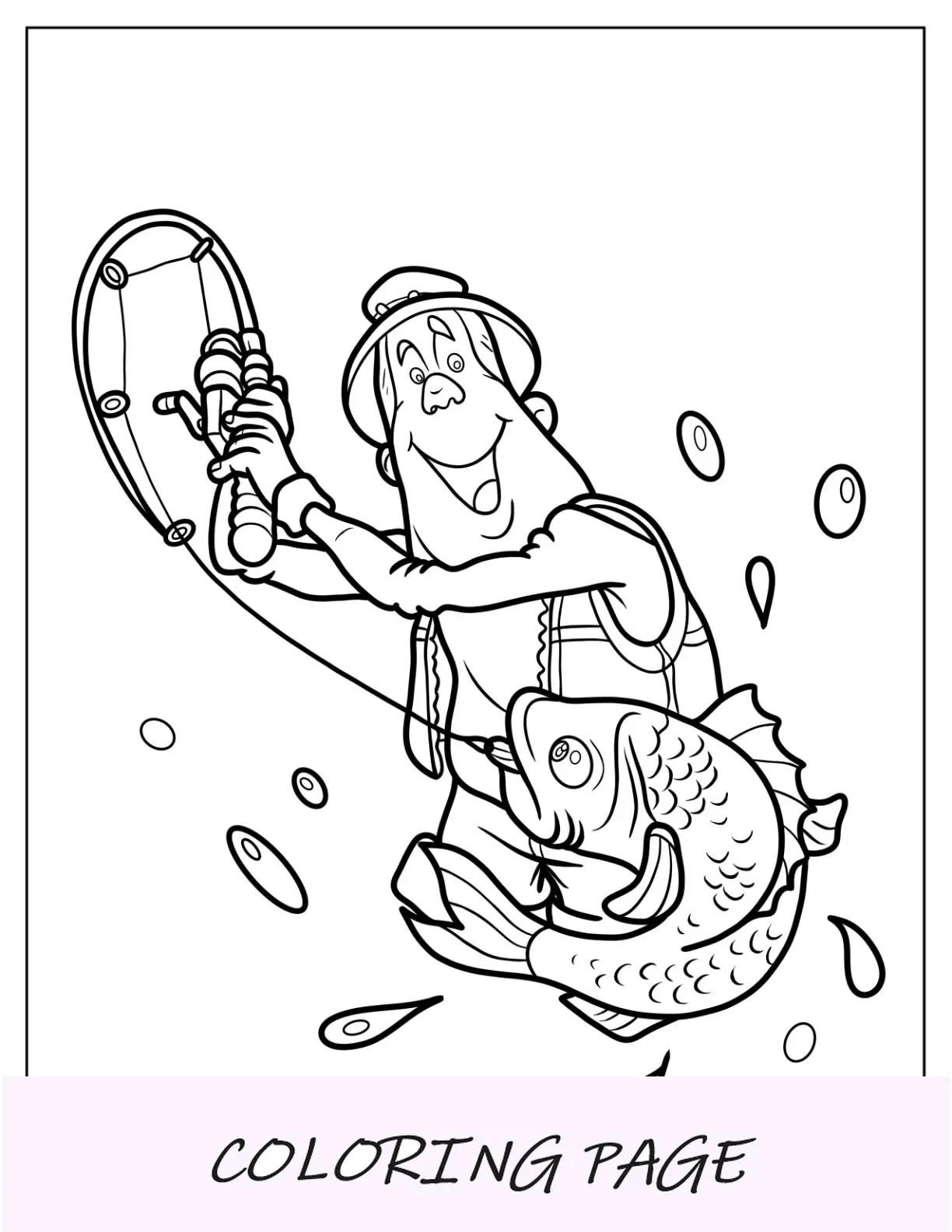 Página para colorir de pesca de um homem de desenho animado pegando um peixe grande