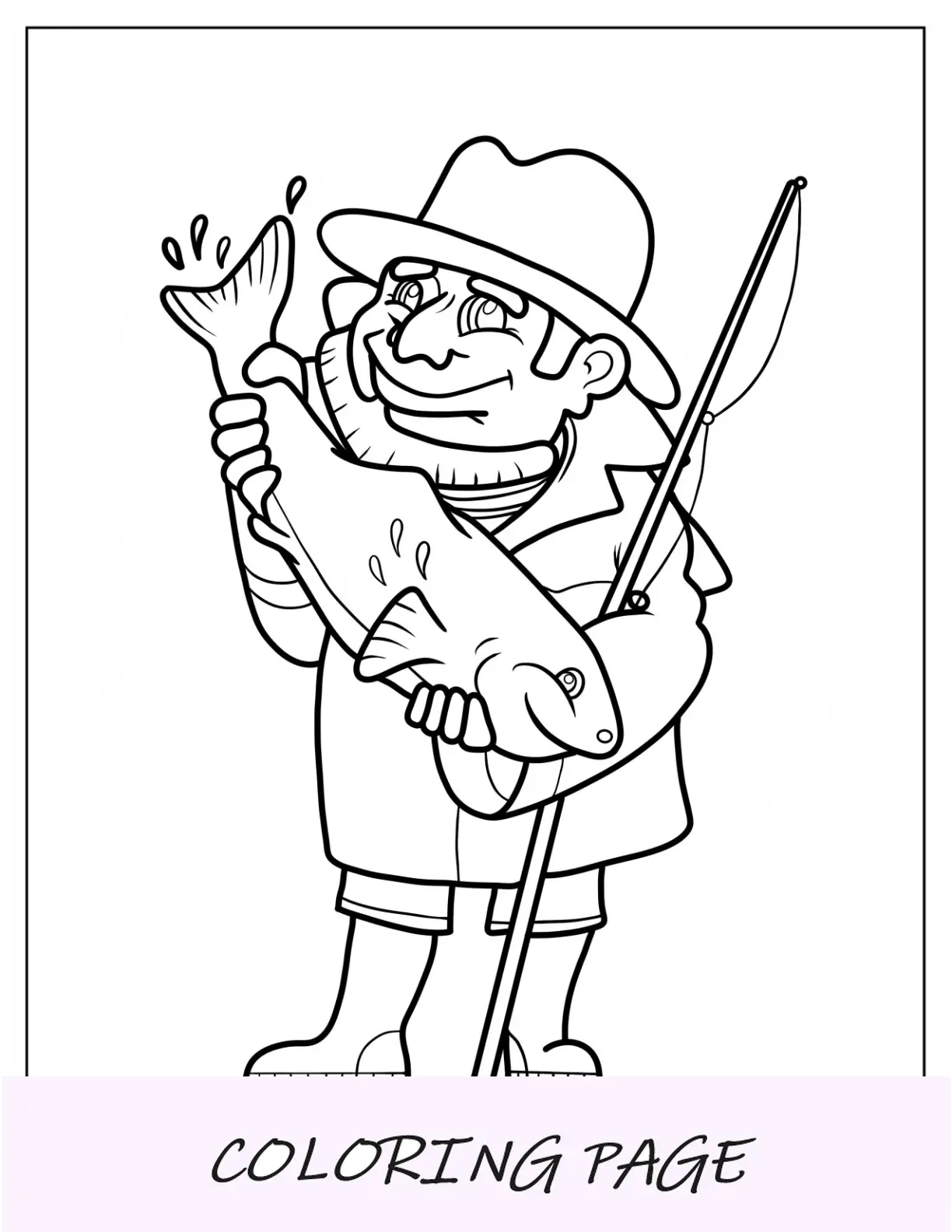 Ancião segurando peixes grandes e pescando página para colorir Rod para crianças