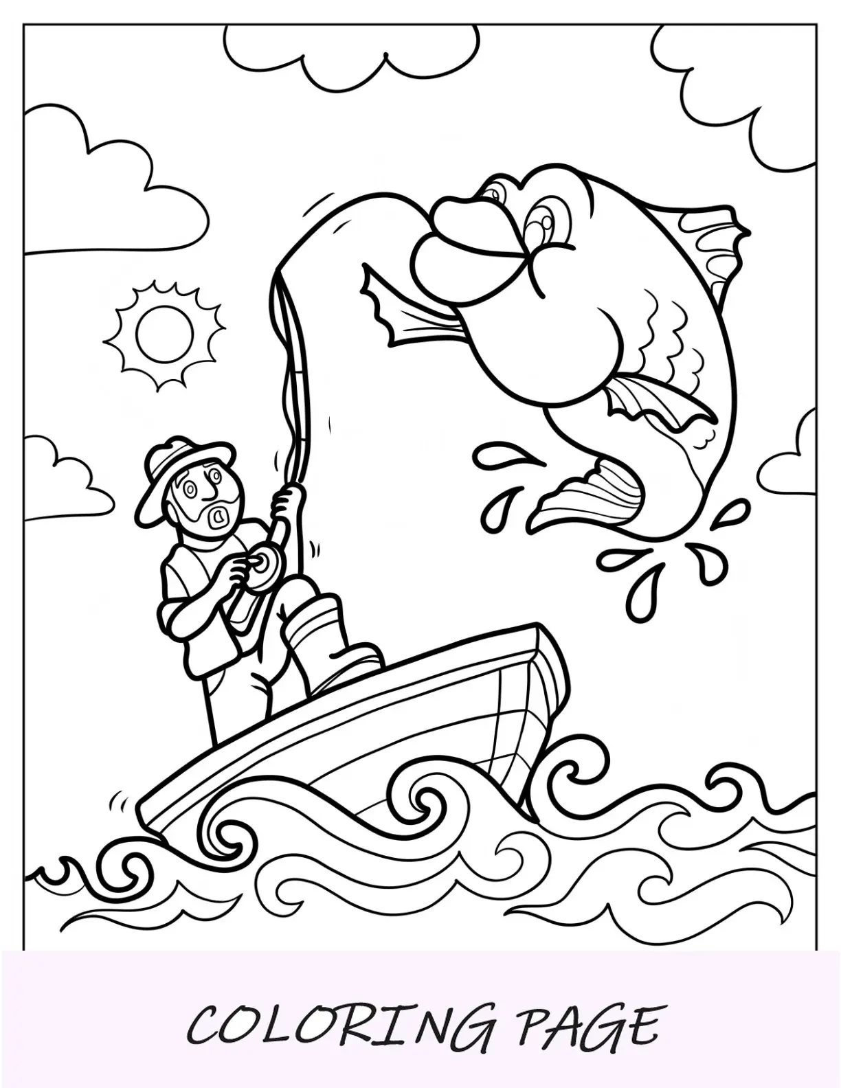 Página para colorir de pesca do homem capturando enorme