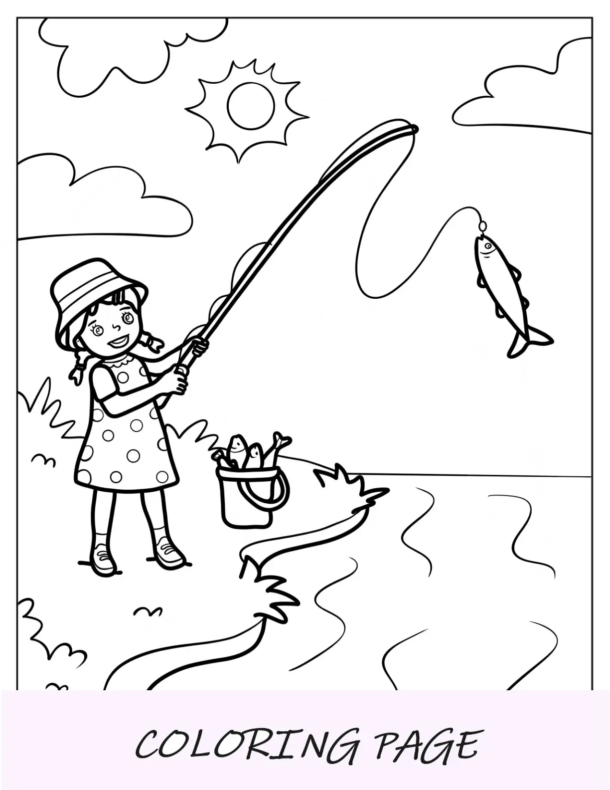 Página para colorir de pesca de menina para crianças