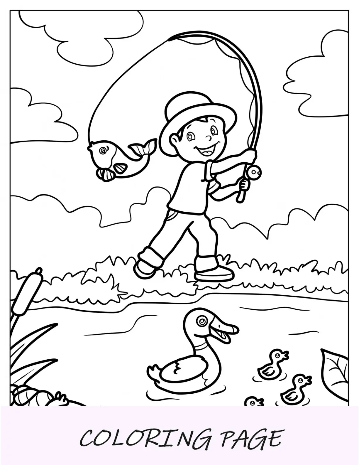 Página para colorir de pesca de garotinho Kawaii no rio para crianças em idade pré-escolar