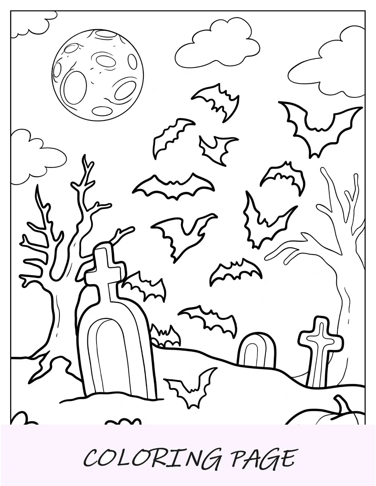 Cemitério de Halloween com morcegos para colorir no céu