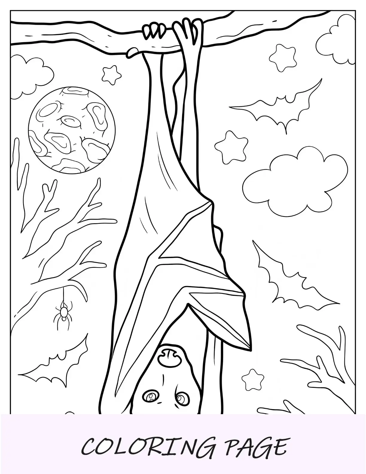 Página para colorir de morcego realista empoleirado na árvore