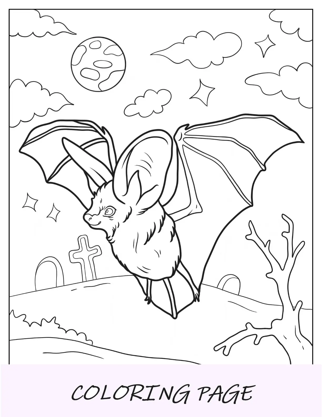 Página para colorir de morcego assustador voando sobre o cemitério no Halloween