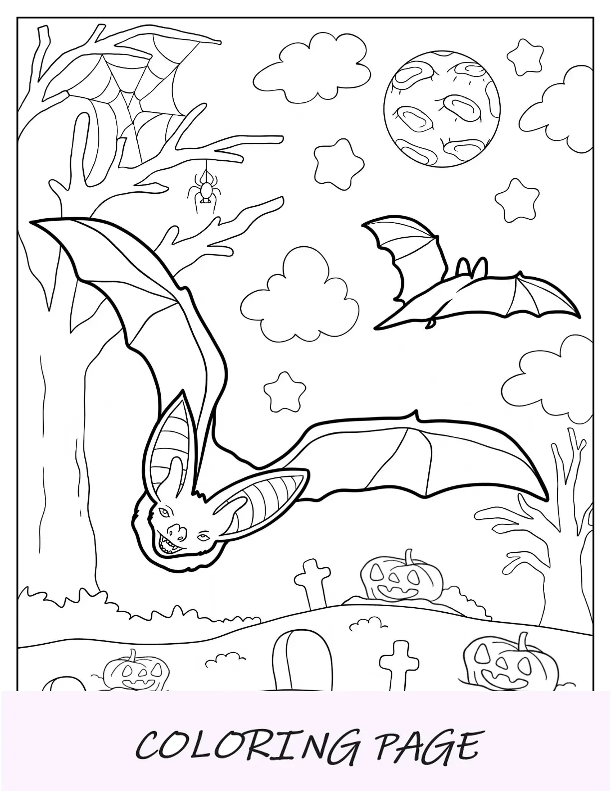 Página para colorir de morcegos realistas voando no cemitério