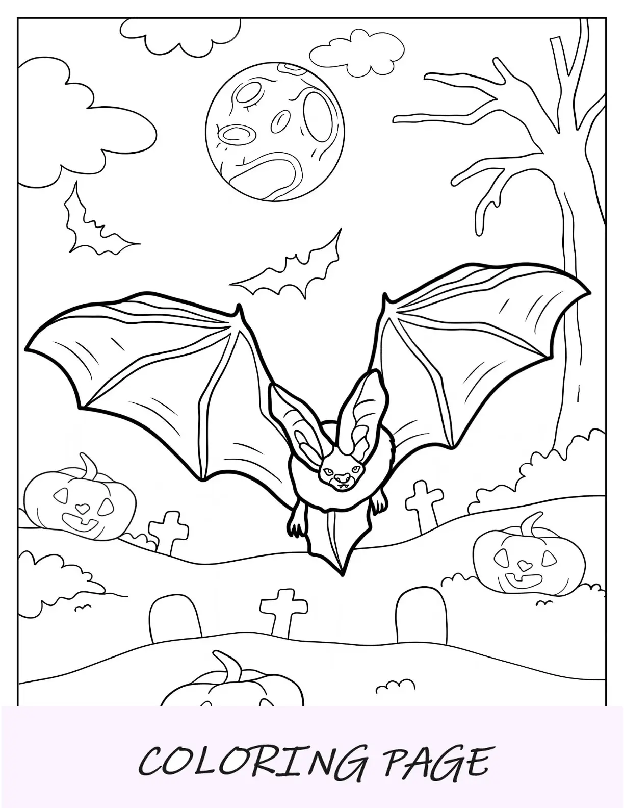 Página para colorir de morcego grande voando sobre lápides Halloween