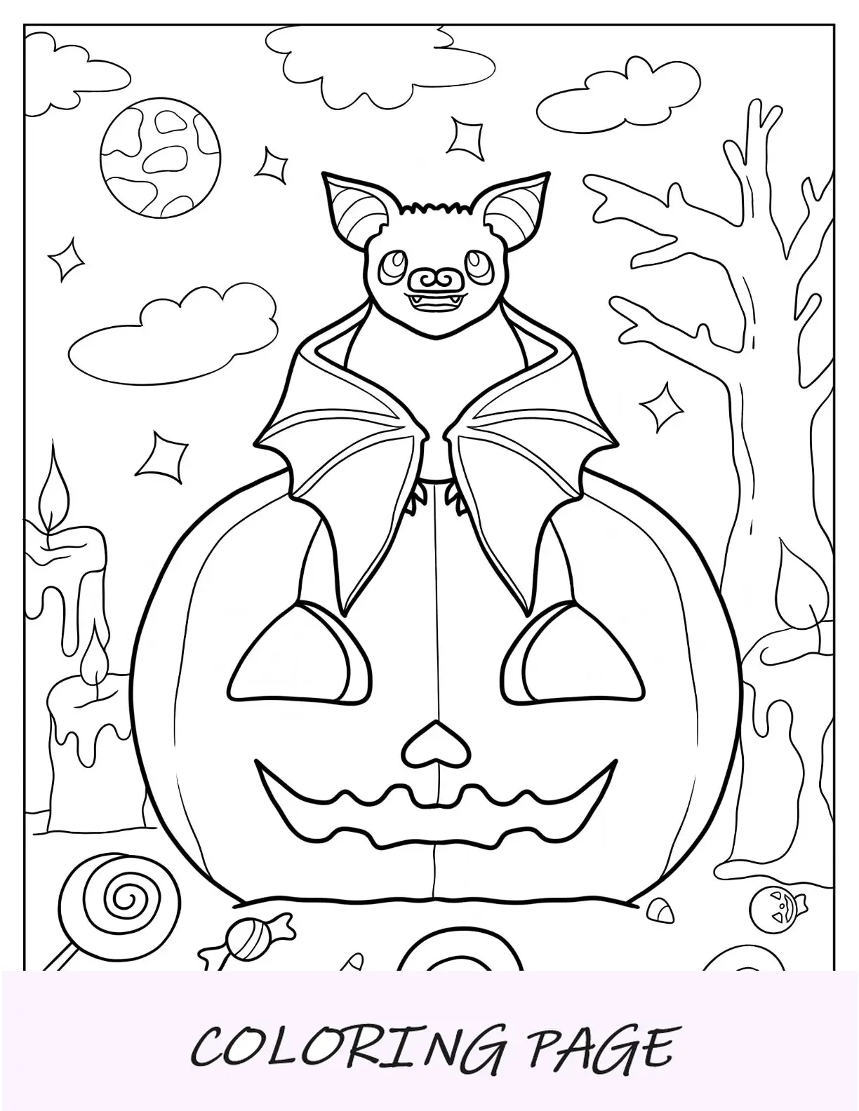Página para colorir de morcego pequeno sentado em Jack O Lantern Halloween