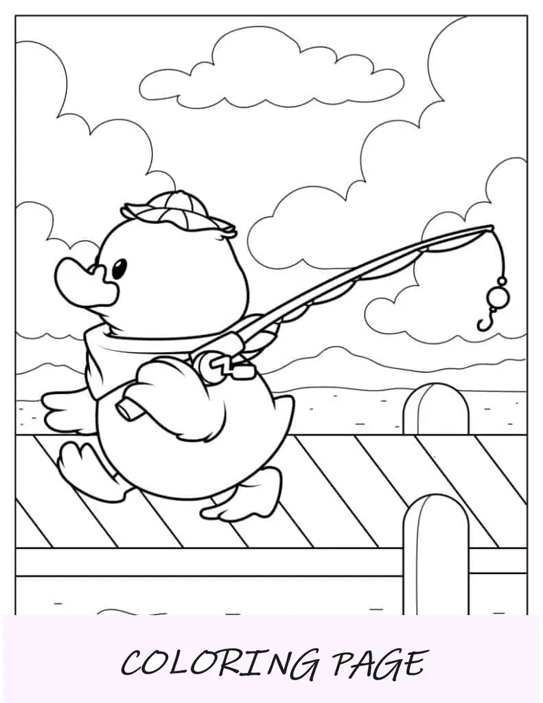 Cartoon-Baby-Ente geht angeln