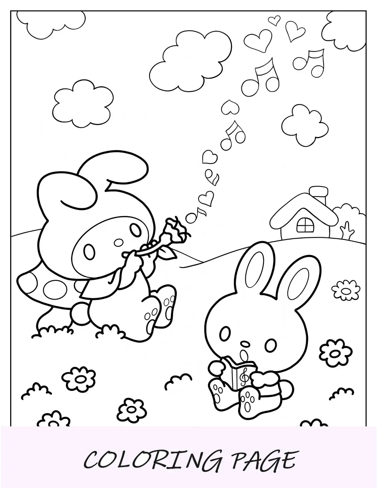 Página para colorir My Melody tocando flauta de flores enquanto o ritmo canta