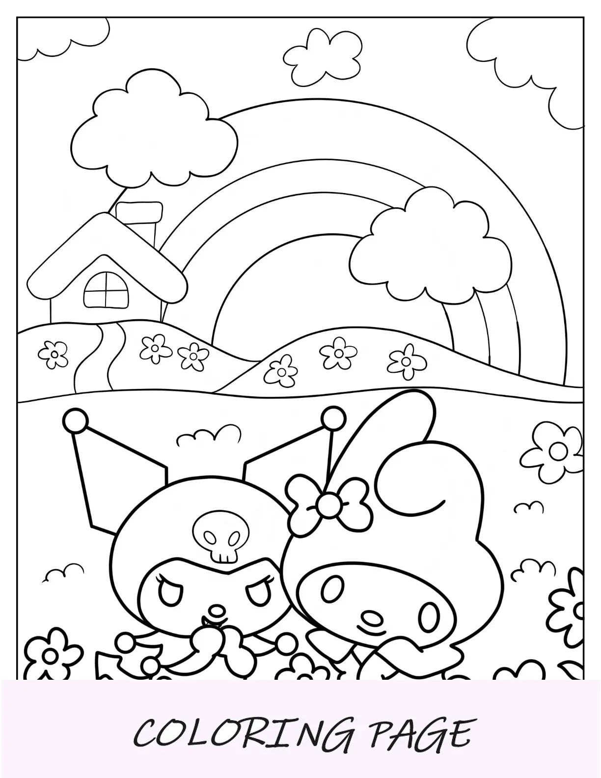Página para colorir My Melody em campo de flores com Kuromi