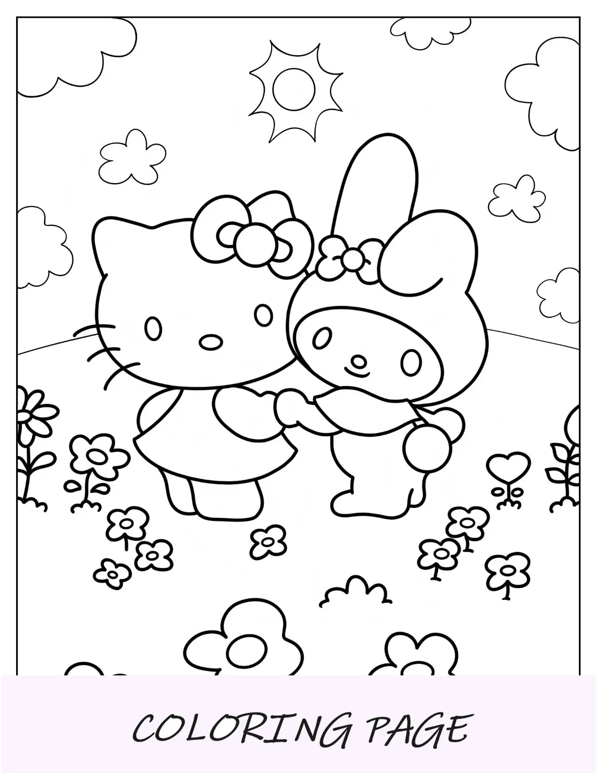 Página para colorir My Melody de mãos dadas com Hello Kitty