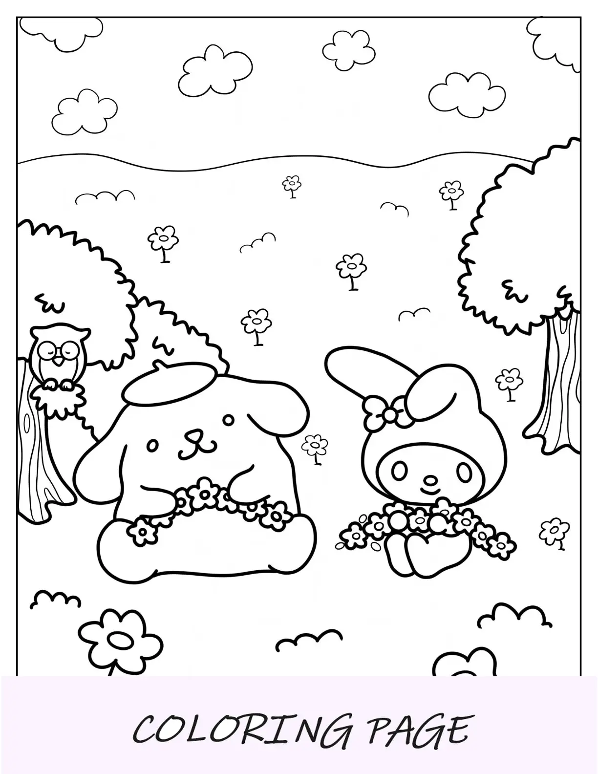 Página para colorir My Melody fazendo guirlandas de flores com pompompurina