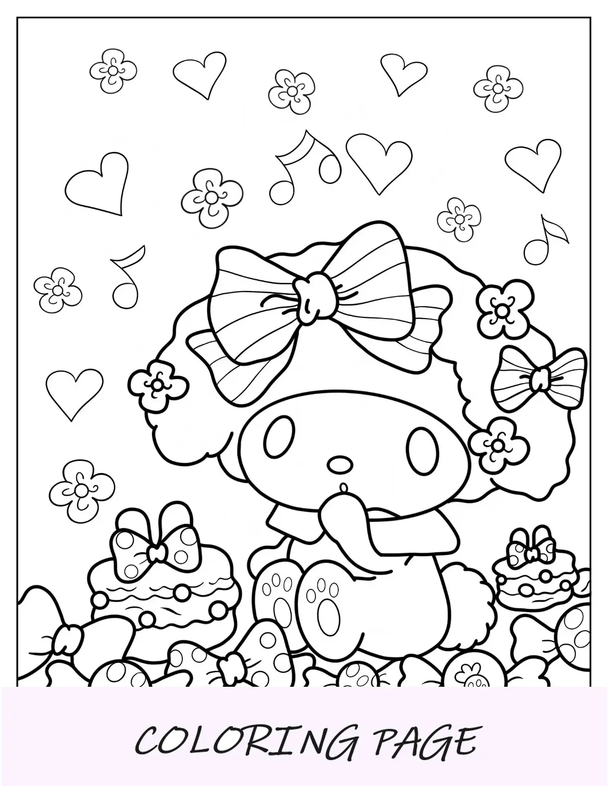 Linda página para colorir My Melody cercada de doces