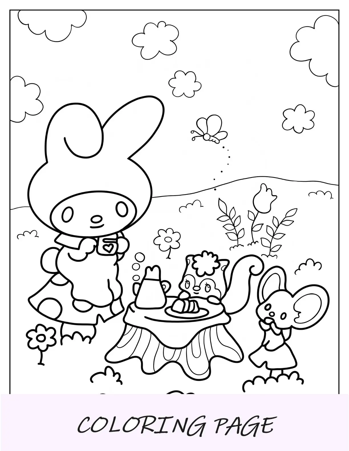 Página para colorir My Melody tomando chá com Flat e Risu