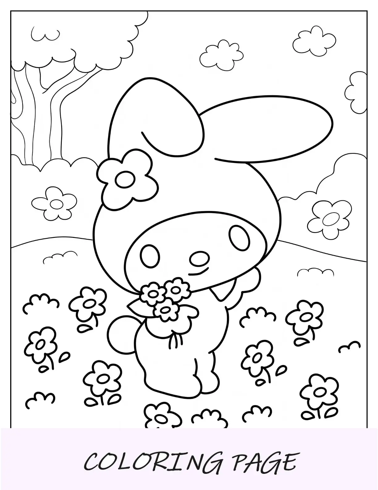 Página para colorir Kawaii My Melody colhendo flores