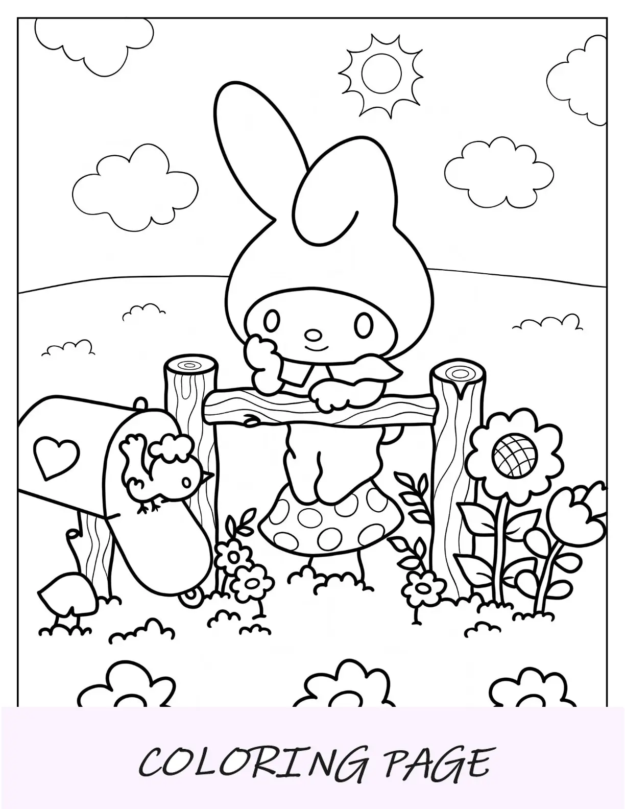 Página para colorir Kawaii My Melody Observando pássaros