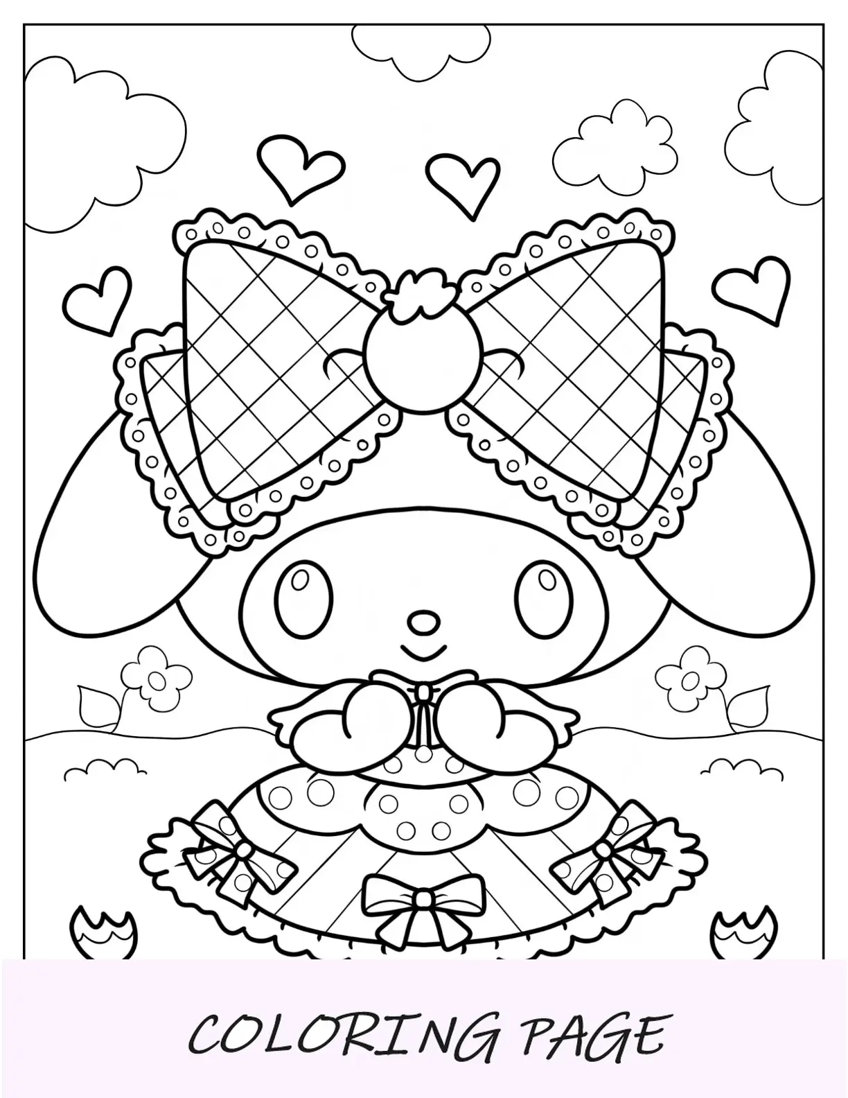 Página para colorir fofa My Melody em vestido de baile
