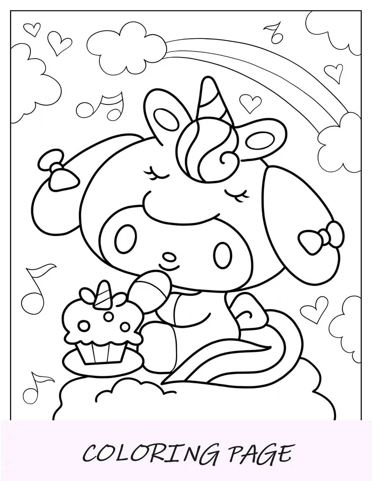 Página para colorir Unicorn My Melody comendo cupcake
