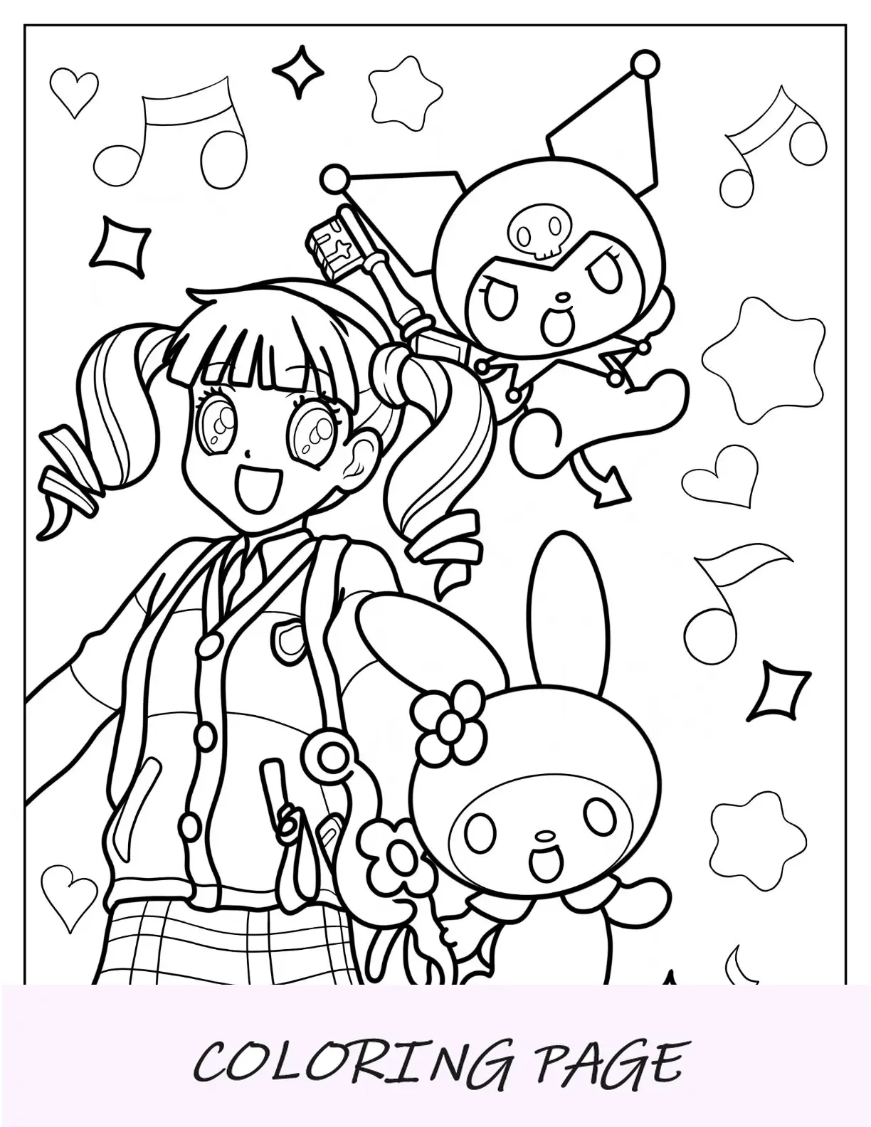 Página para colorir My Melody com Uta Yumeno e Kuromi