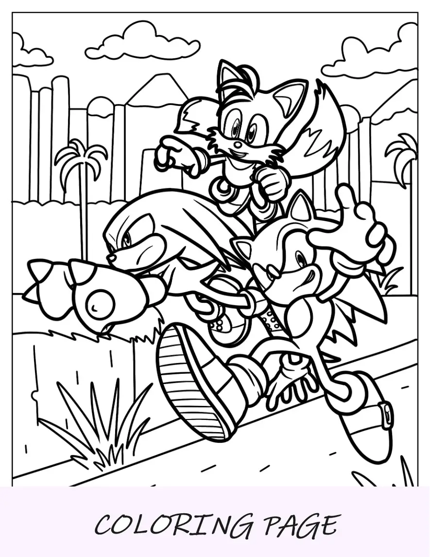Pagina da colorare di Sonic, Knuckles e Tails