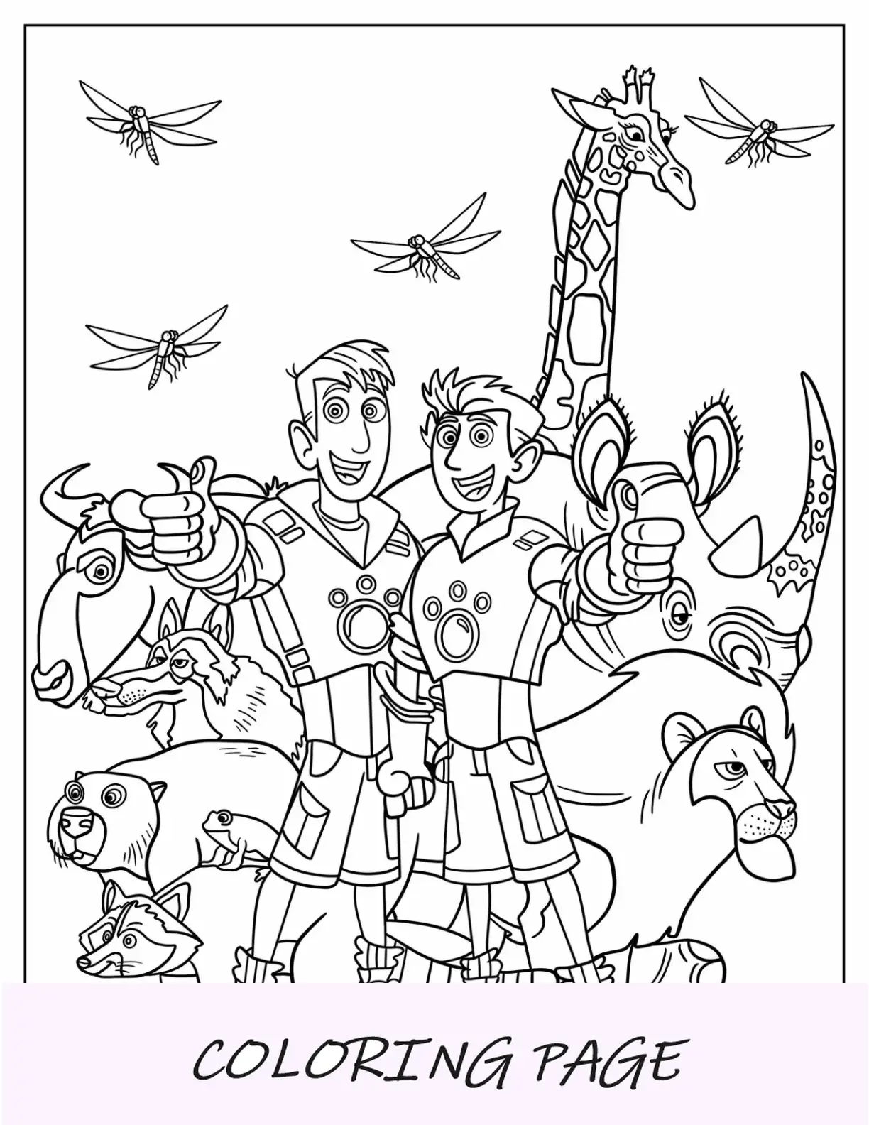 Página para colorir de Wild Kratts de Chris e Martin Kratt com animais da selva