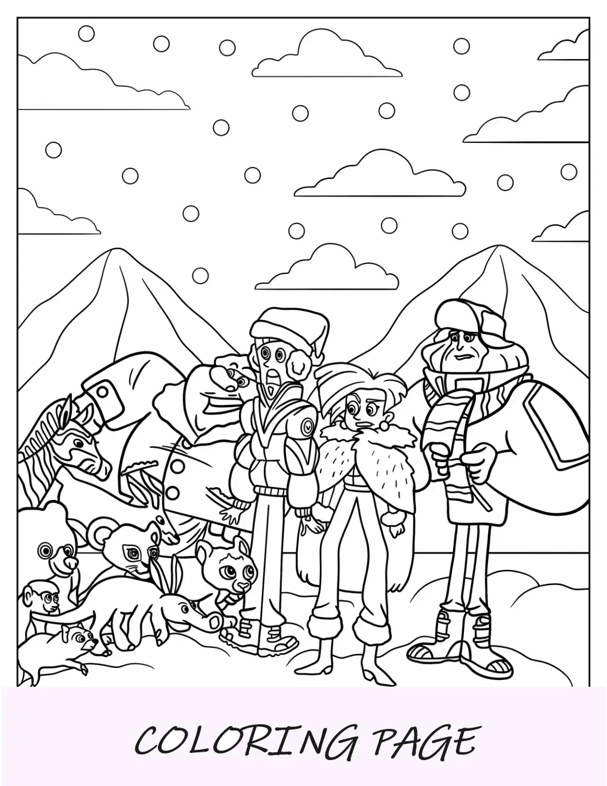 Página para colorir de Wild Kratts de Gaston, Zach, Donita e Dabio com animais no inverno