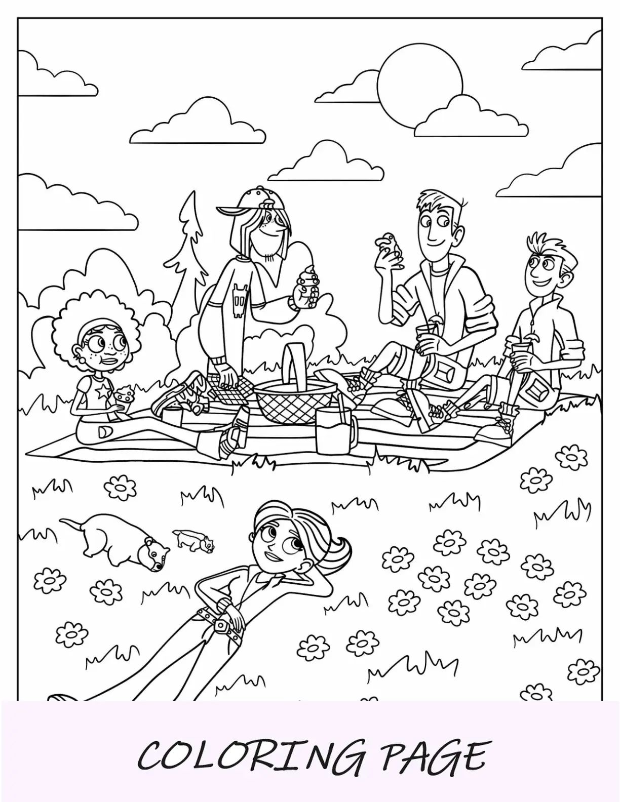 Página para colorir de Wild Kratts, de Chris Kratt, Martin Kratt, Jimmy Z, Koki e Aviva fazendo um piquenique