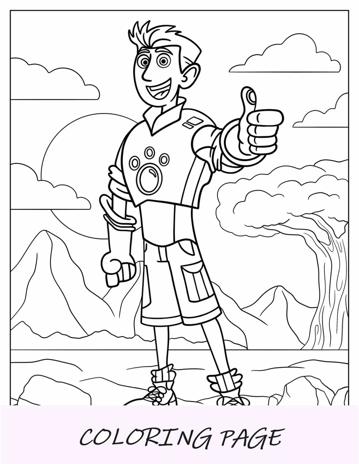 Página para colorir de Wild Kratts de Chris Kratt com polegar para cima