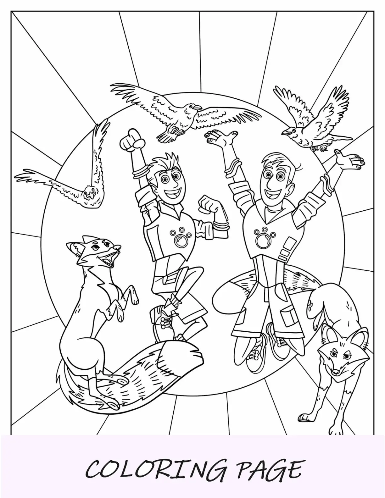 Página para colorir de Wild Kratts de Chris e Martin Kratt com pássaros e raposas