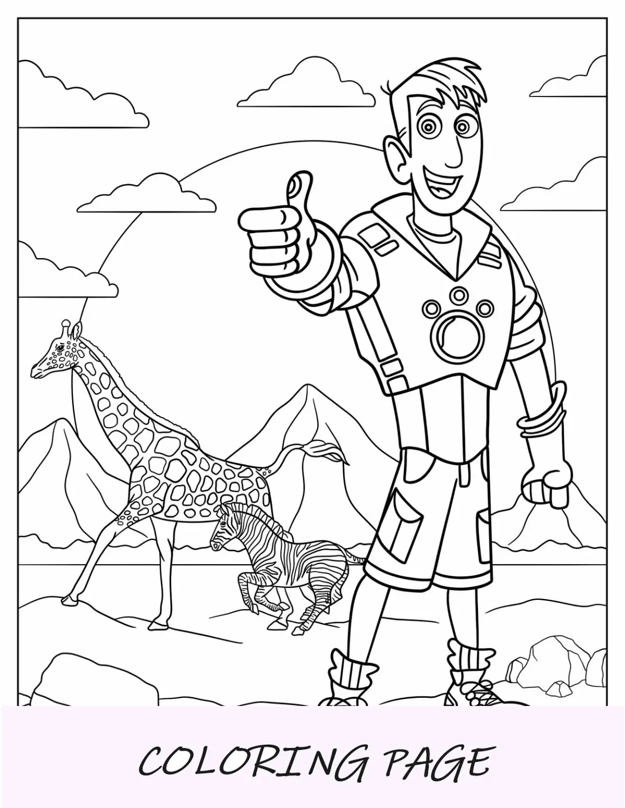 Página para colorir de Wild Kratts de Martin Kratt com girafa no fundo