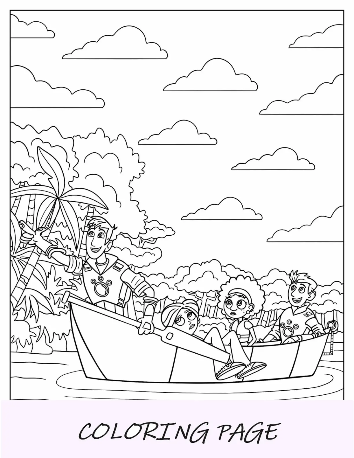 Página para colorir de Wild Kratts de Chris, Koki, Aviva e Martin no barco