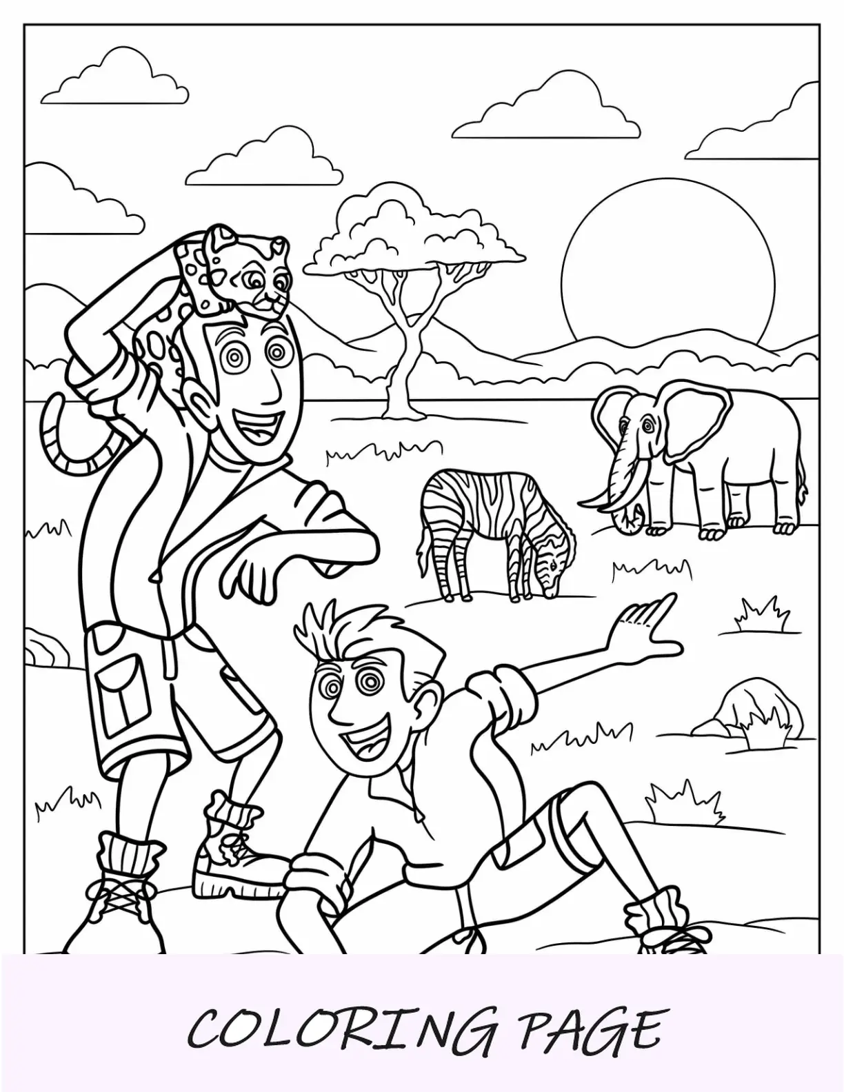 Página para colorir de Wild Kratts de Chris e Martin brincando com animais