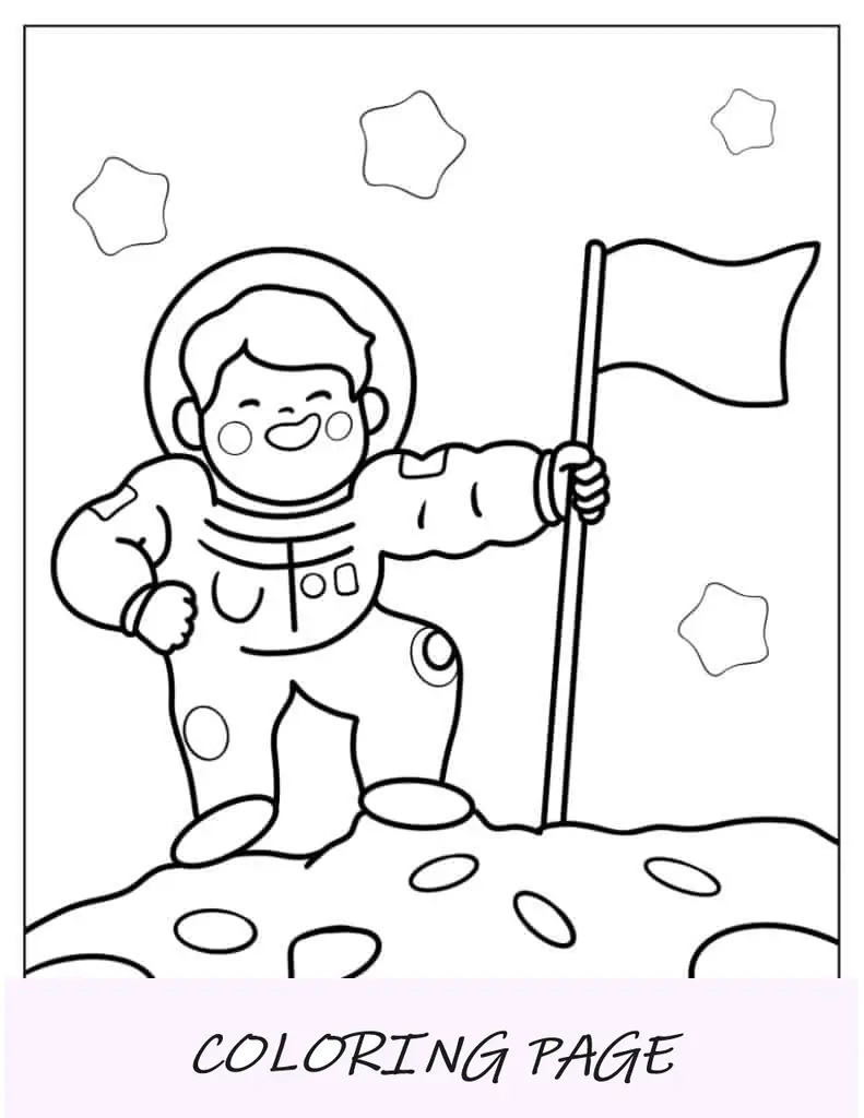 Contorno fácil de astronauta segurando uma bandeira na lua