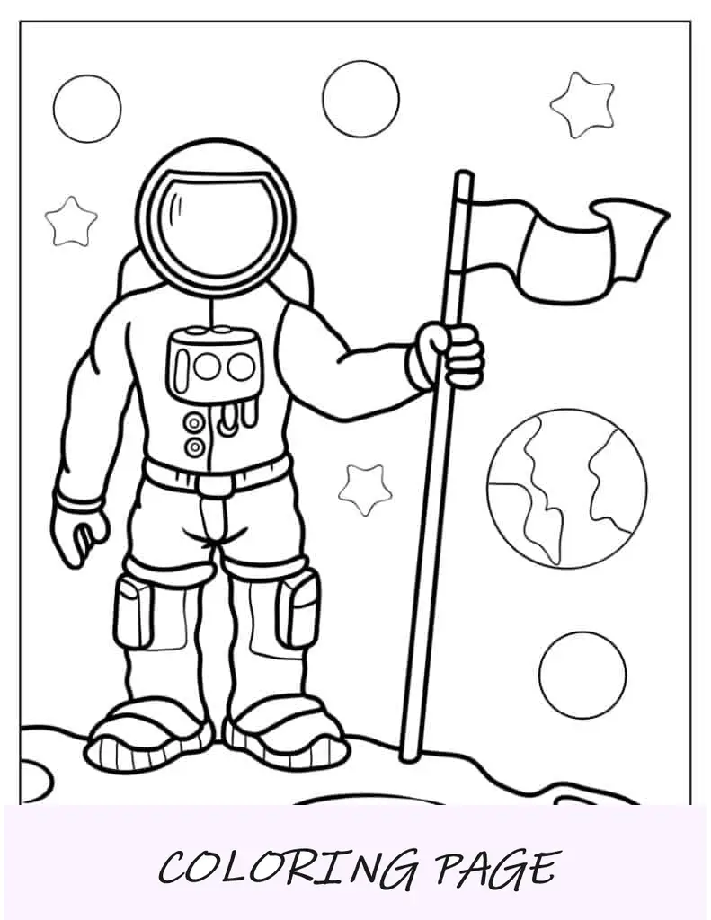 Folha para colorir detalhada de astronauta segurando uma bandeira
