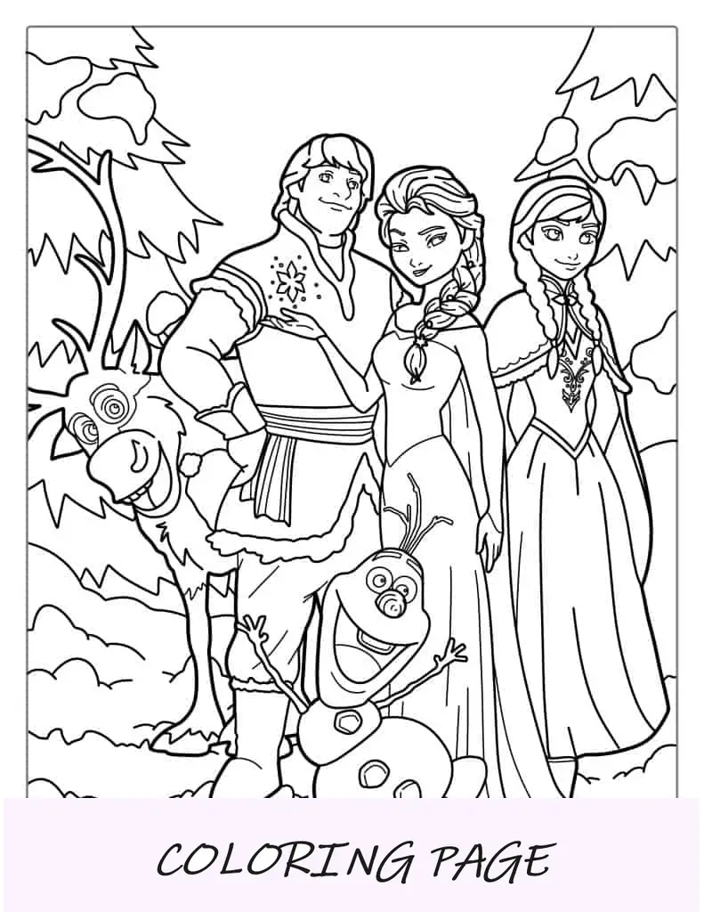 Elsa com amigos de Frozen para colorir