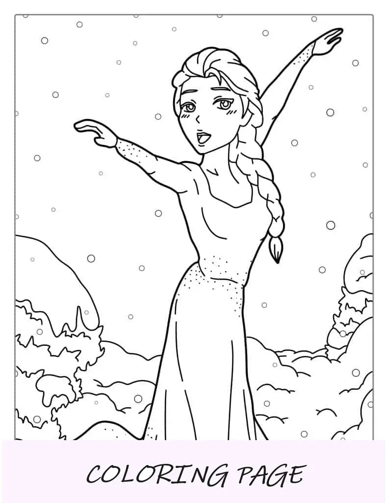 Elsa dançando com flocos de neve para colorir