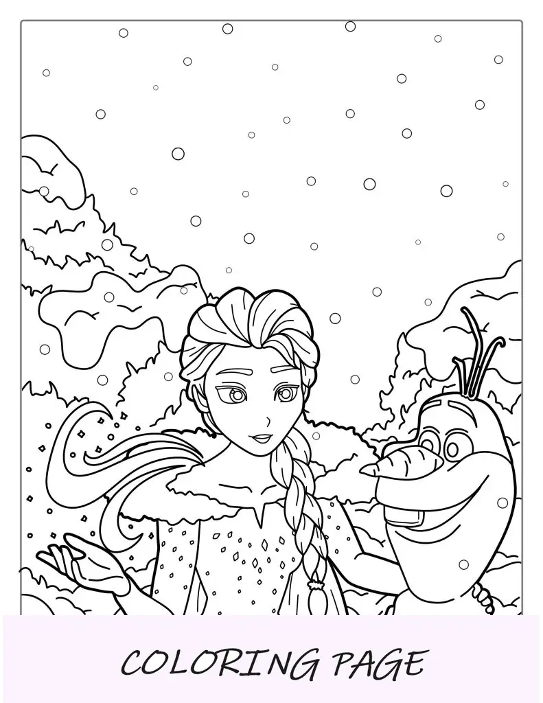 Folha para colorir Elsa e Olaf na neve