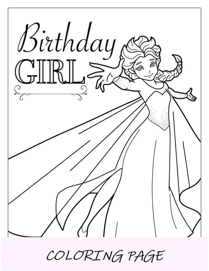 Página para colorir de feliz aniversário de Elsa para meninas