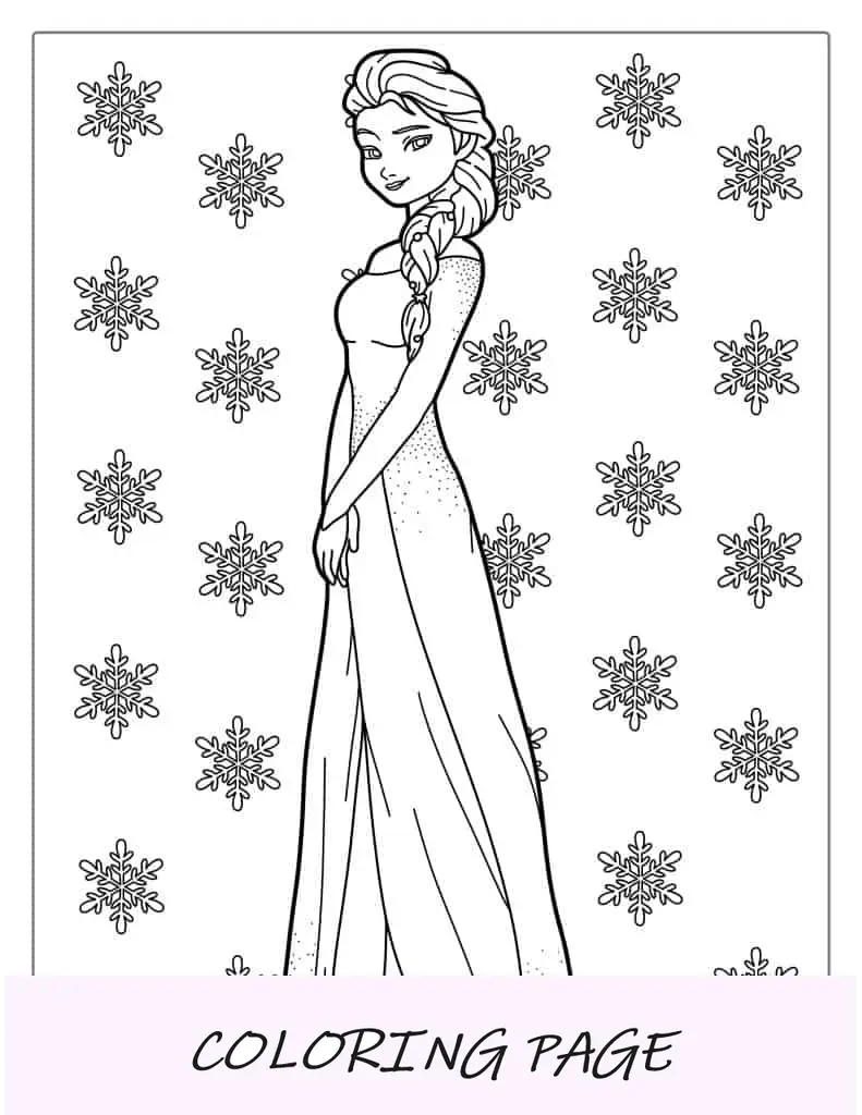 Página para colorir de vestido deslumbrante de Elsa com fundo de floco de neve