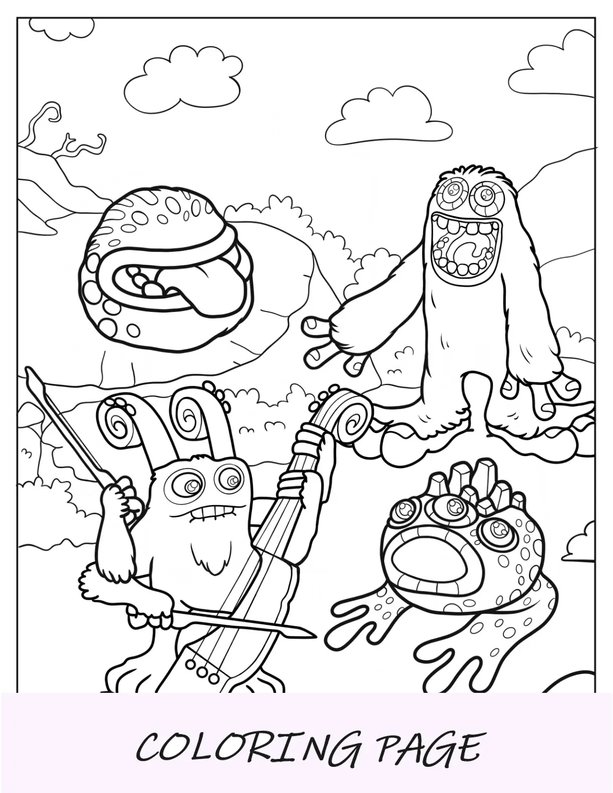 Página para colorir de My Singing Monsters de Mammott, Maw, Bowgart e Fwog