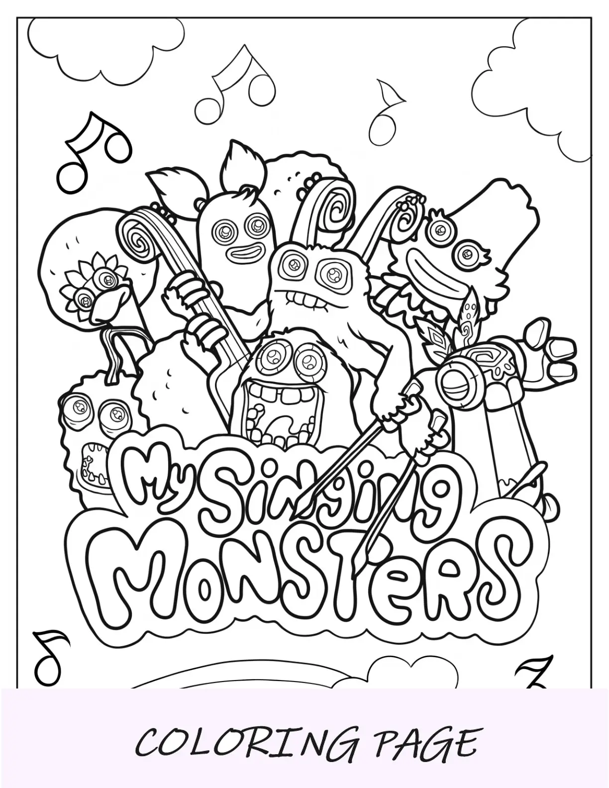 Pôster da página para colorir dos meus monstros cantores