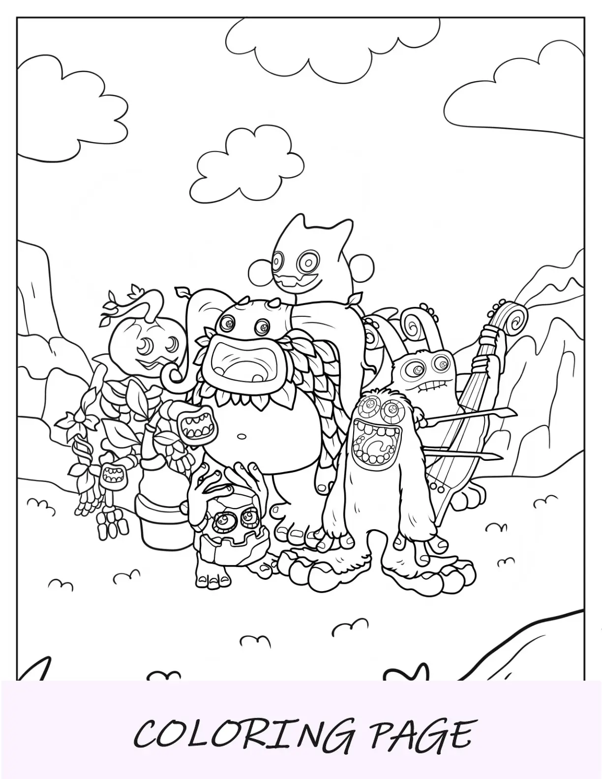Página para colorir de meus monstros cantores de Mammott, Entbrat, Bowgart, Punkleton, Ghatz, Potbelly e Noggin