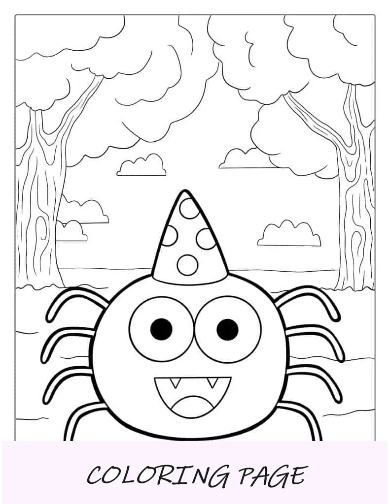 Folha para Colorir Aranha de desenho animado usando um chapéu de aniversário