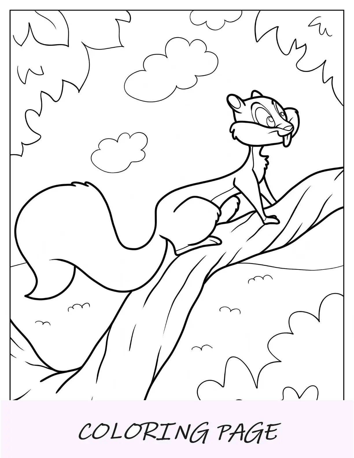 Scoiattolo del fumetto da colorare pagina rampicante ramo di un albero per i bambini