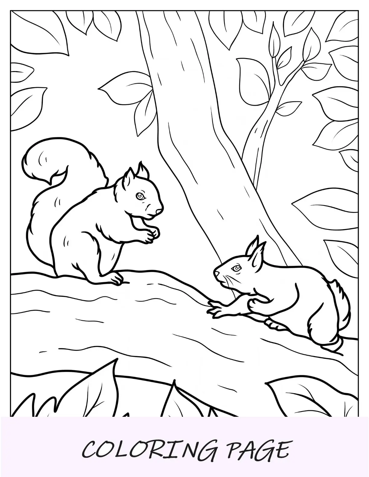 Semplice schema di due scoiattoli da colorare sul ramo di un albero
